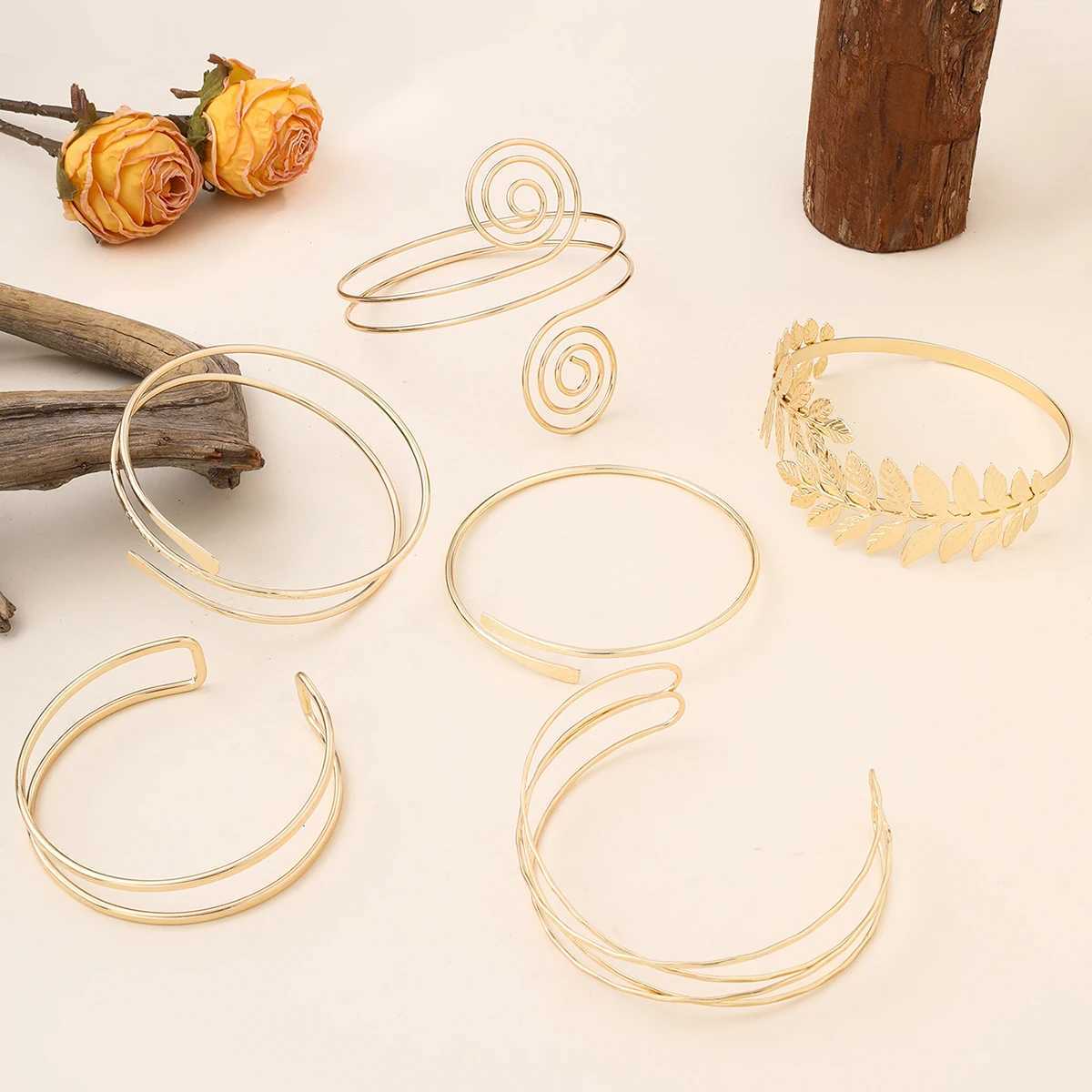 FTCY Gold Color Arm Cuff Bracelet for Women Vintage Greek Womens Upper Arm Bracelet Adjustable Open Bangles Jewelry Gifts W250526