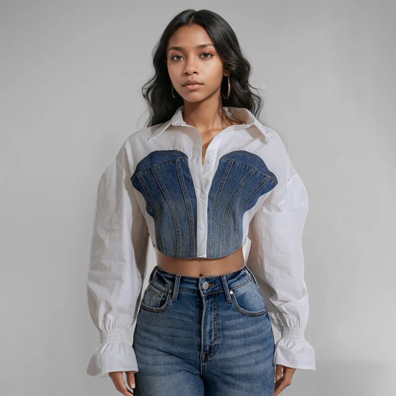 WTHT Trendy Fashion Womens Patchwork Denim n Short Shirt 2025 Spring Flare Long Sleeve Blouse Female 1LS697 250523