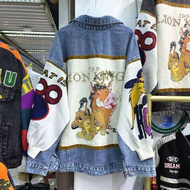 Spring And Autumn New Korean Version Loose Denim Jacket Women's Cartoon Rhinestone Heavy Industry Splicing Contrasting Color Top