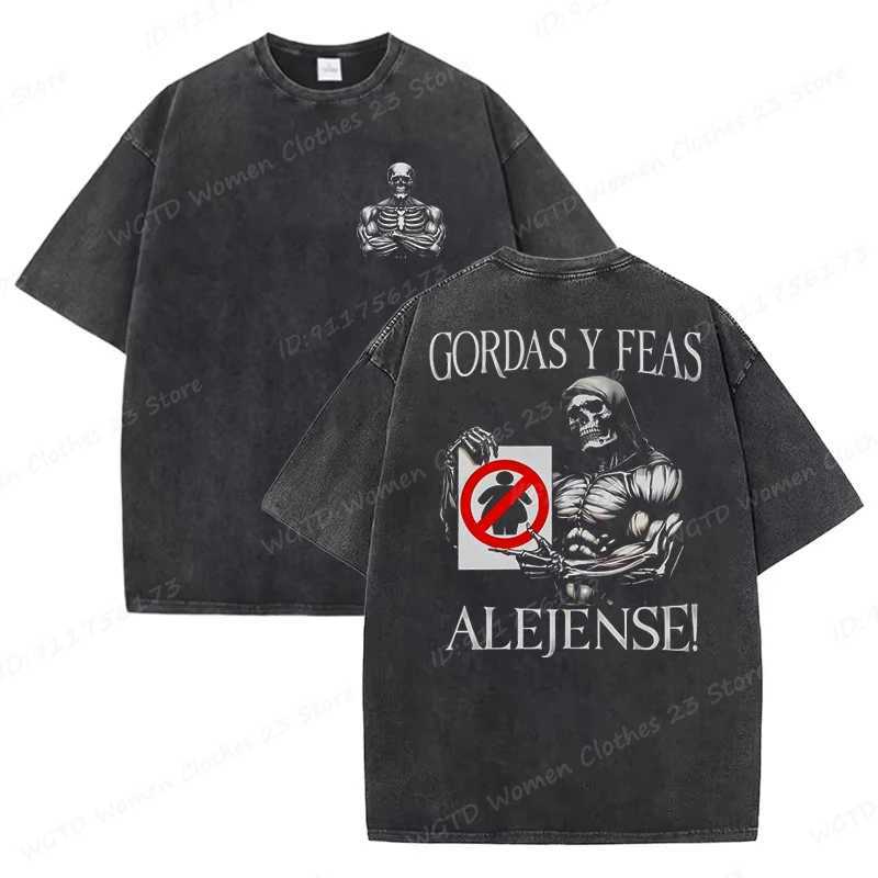 Calacas Chidas Gym Washed T-Shirts Mens Trendy Cool Skeleton Gym Print Oversized T-shirt Summer Tees Streetwear Casual Tops Z250527