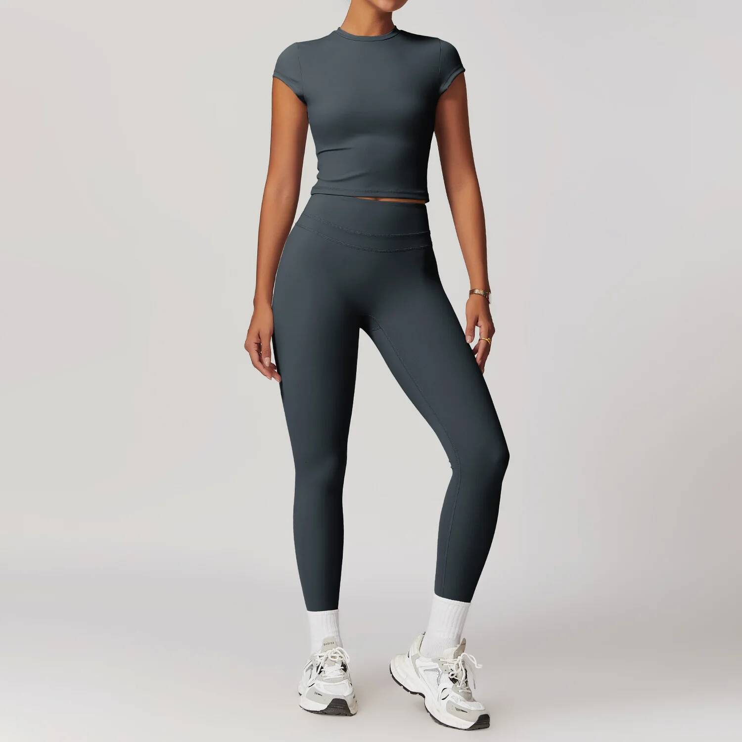 JUREN Suit 2PCS Quick-Drying Gym Set Women Tracksuit Running Workout Short Sleeves Sports Yoga Clothing