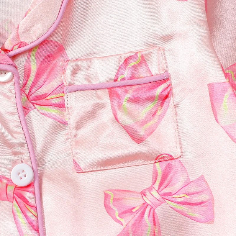MISOWMNJOY Satin Baby Girls Pajamas Spring Long Sleeve Bow Print Furry Patchwork Button Closure Jumpsuit Sleepwear Loungewear 250527