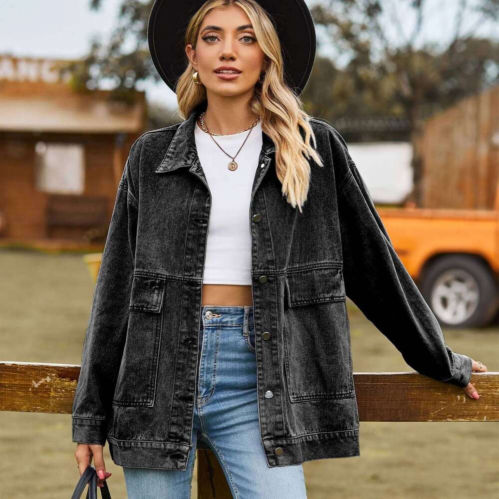 2023 Autumn New Women's Long Sleeve Denim Jacket Fashion Loose Versatile Mid-Length Jeans Coat Casual Clothing S-2Xl