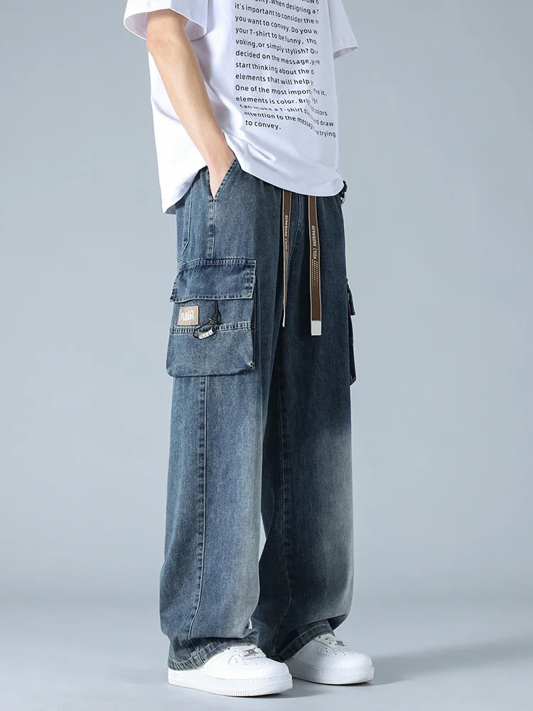 Summer mens jeans with flip pockets thin and lightweight denim work pants large size wide leg loose straight 250520Z