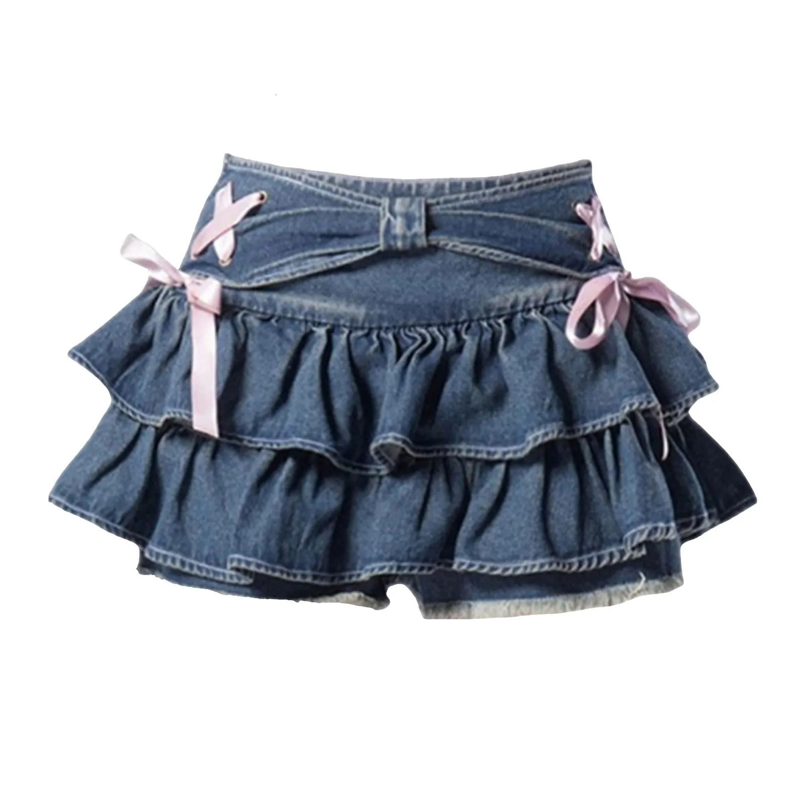 Tie Bow Y2k Skirt Preppy Style Korean Low Waist Layering Large Size Denim Pleated Womens Harajuku Vintage ALine 250516Z