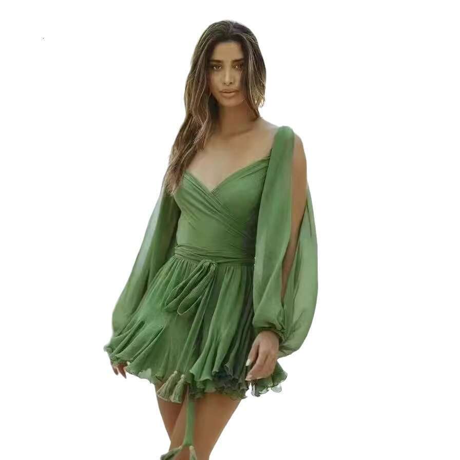 2025 Spring Women's Sexy Hot Girl Hollow Lantern Sleeve V-neck Off-shoulder Short Dress