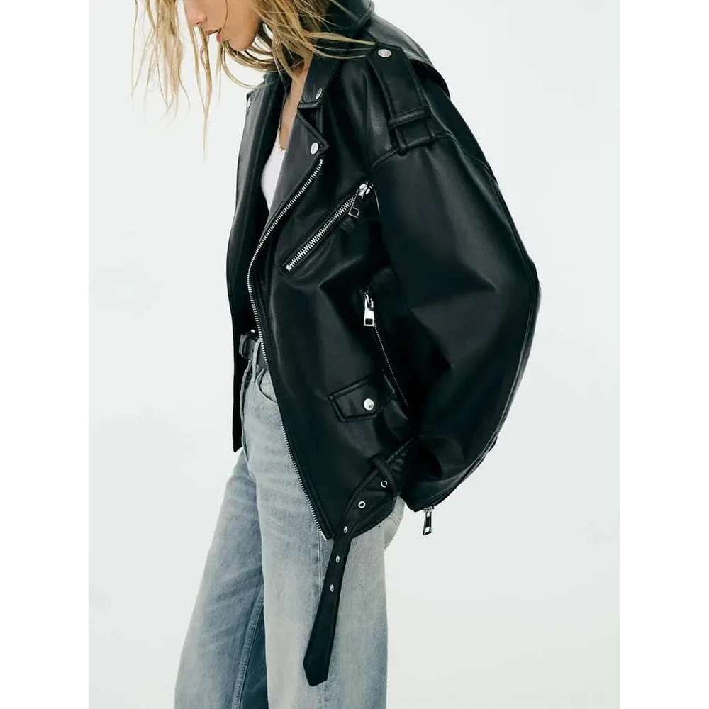 TRAF New Imitation Leather Fall And Winter Lapel Long-Sleeved Pockets With Belt Jacket Women's Fashion Coat