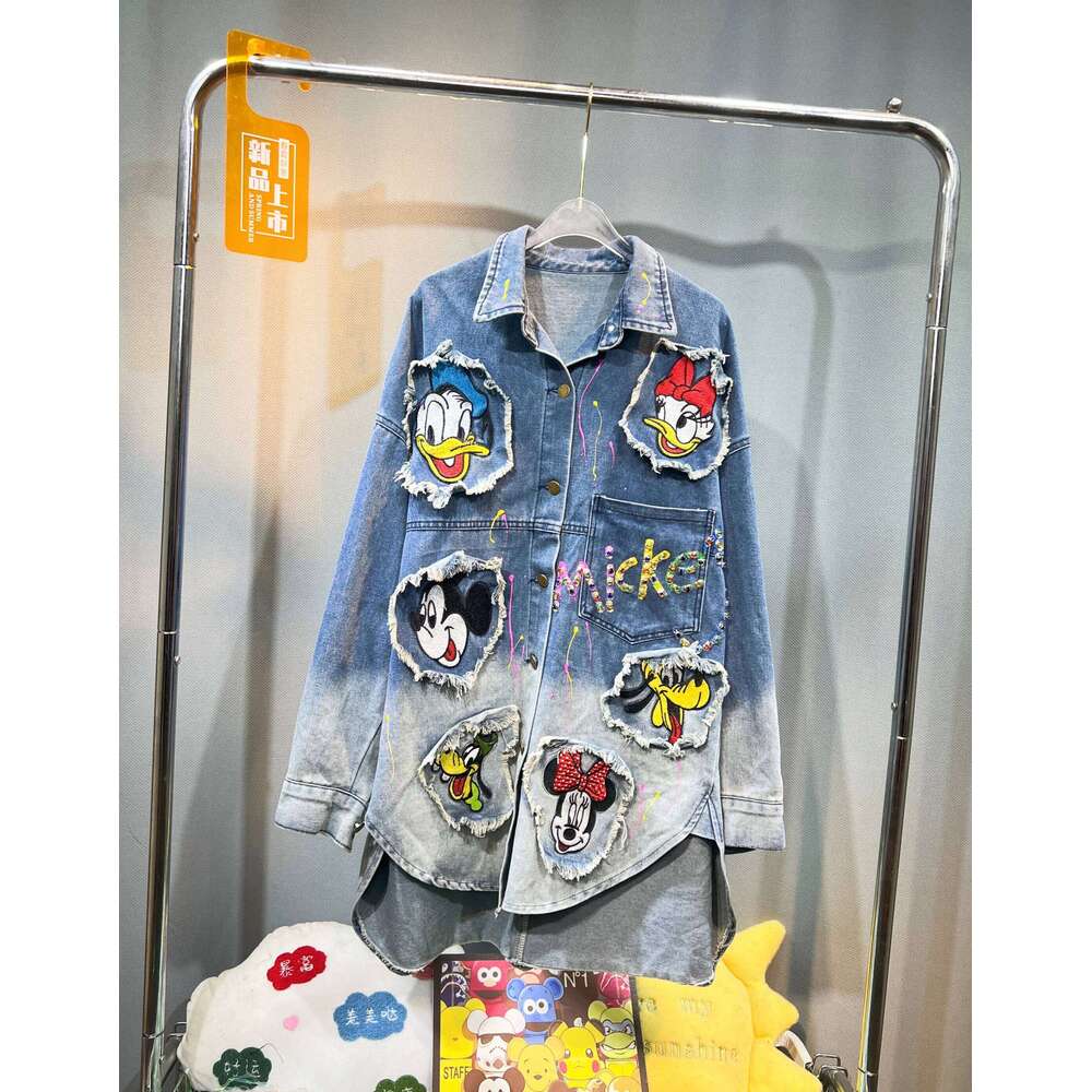 2024 Autumn New Retro Fashion Loose Versatile Gradient Colored Washed Denim Jacket Cartoon Sticker Bead Embroidered Shirt Women
