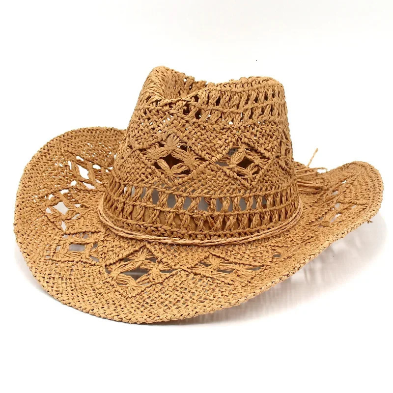 Hand woven western cowboy hats for women black straw hat men summer flanging sun visor hat hollow sombreros beach hat 250526