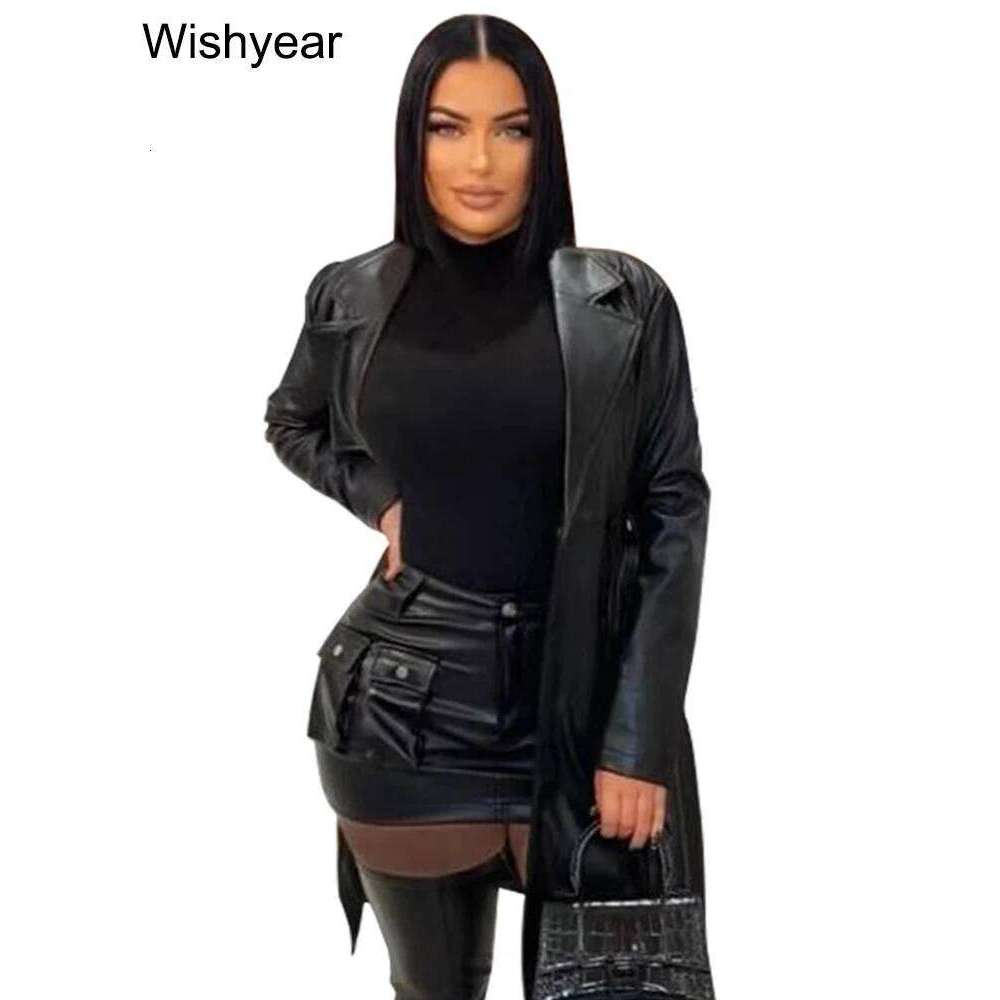 Vintage Women PU Leather Black Jacket Elegant Lapel Collar Long Sleeves Coat With Sashes Sexy Cool Girls Streetwear Outwear Y2k