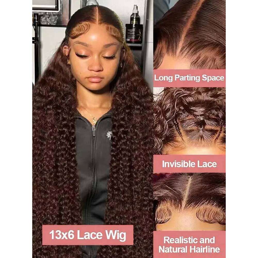 220 Density Chocolate Brown Deep Wave Front Human Hair 38Inch Color Hd Lace Frontal Wig For Women 13x6 Water Curly Wigs
