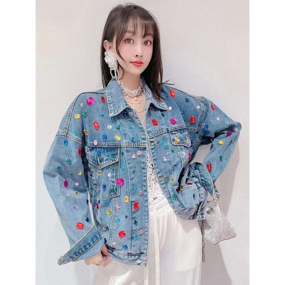 Long Sleeve Streetwear Denim Jacket Spring Women's Sweet Rainbow Dia Design Single Breasted Loose Outerwear