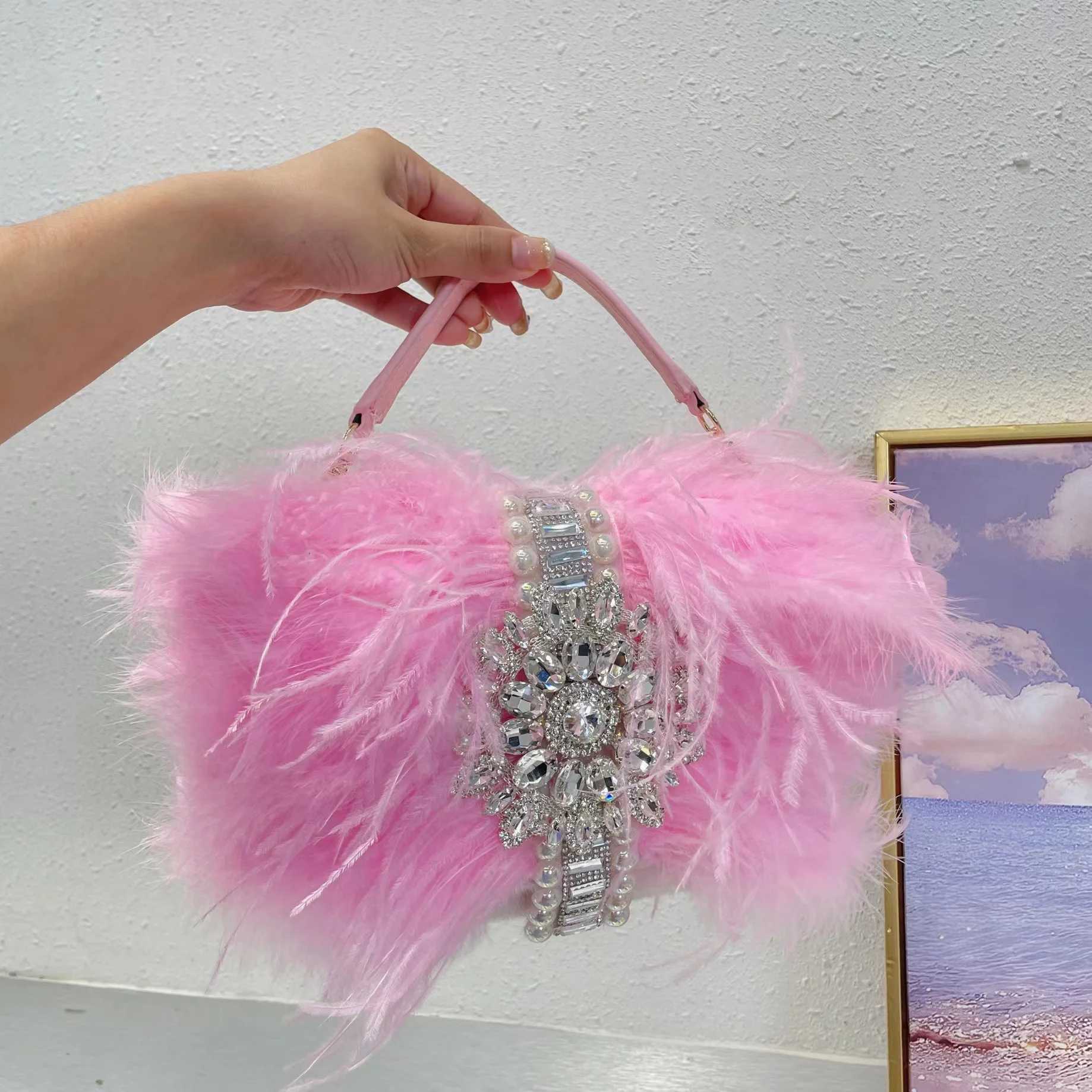 Luxury Feathers Handbags Designer Rhinestone Evening Bags for Women Diamond Shoulder Crossbody Bag Pearl Faux Fur Wedding Purses W250527