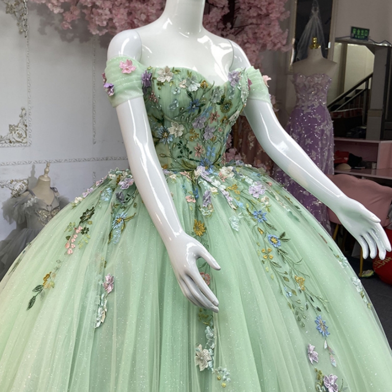 Mint Green Quinceanera Dresses Ball Gown Off The Shoulder Applique Lace Beading Tull Party Birthday Sweet 16 Dress Vestidos 15 Anos