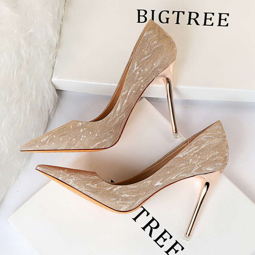 1829-1 High Women's Stiletto Heels Shallow Mouth Pointed Toe Sequins Sexy Slim Nightclub Single Wedding Shoes dh1102963094