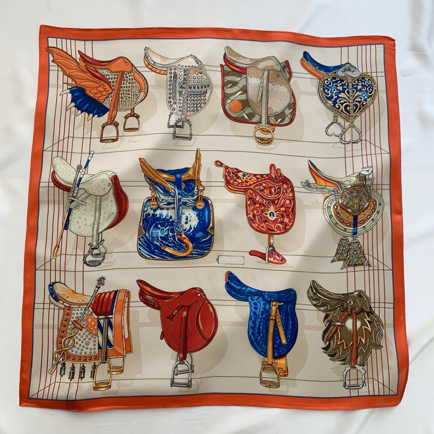 Vibrant Orange and White Silk Scarf with Equestrian Motifs Fashionable Accessory for Women Stylish Wrap for Seasonal Wear