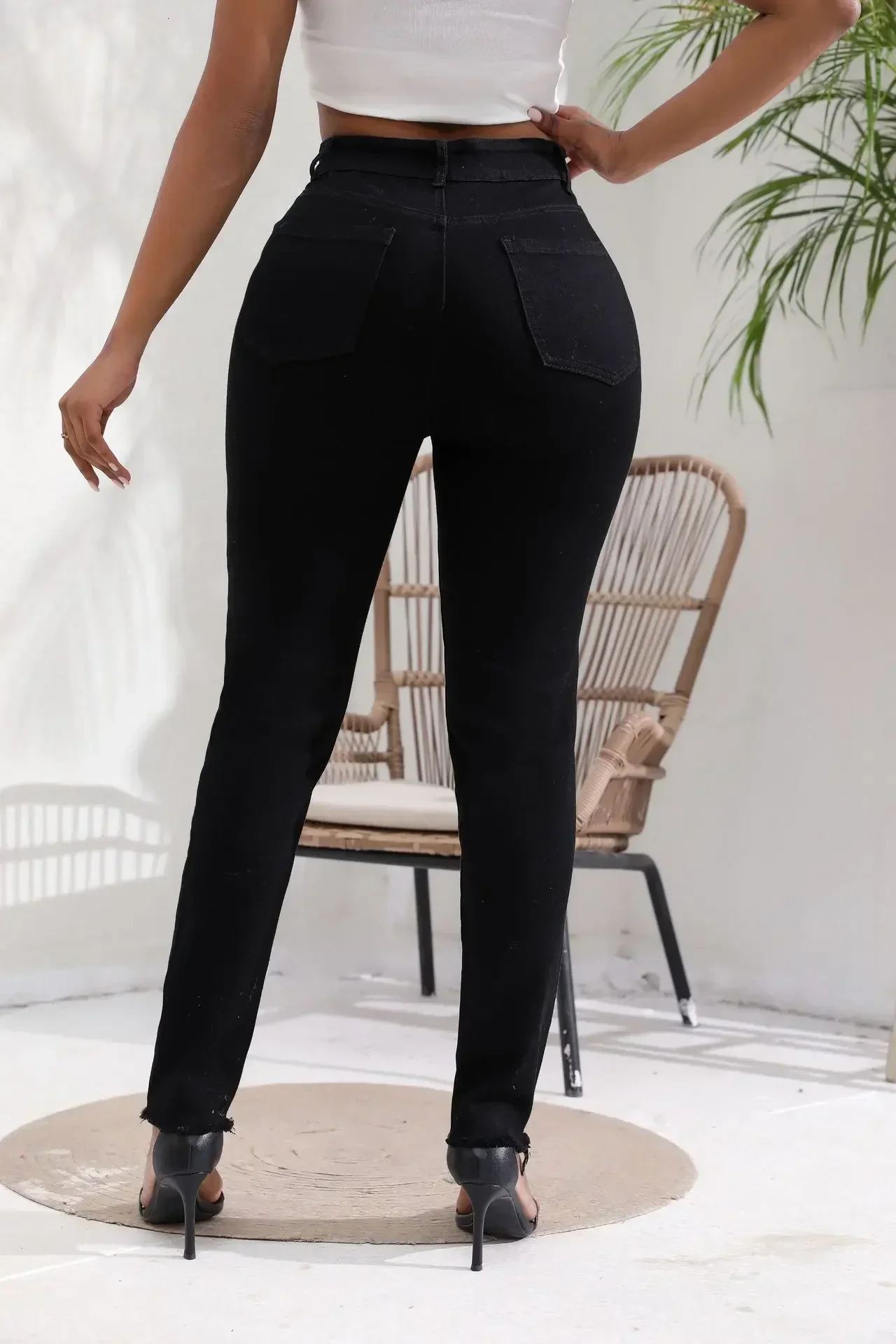 Women Jeans Denim pant High Waist Pencil Pants Holes Slim Fit Pockets Sexy Streetwear Solid Sheath Distressed Ankle Length 2025 250516Z