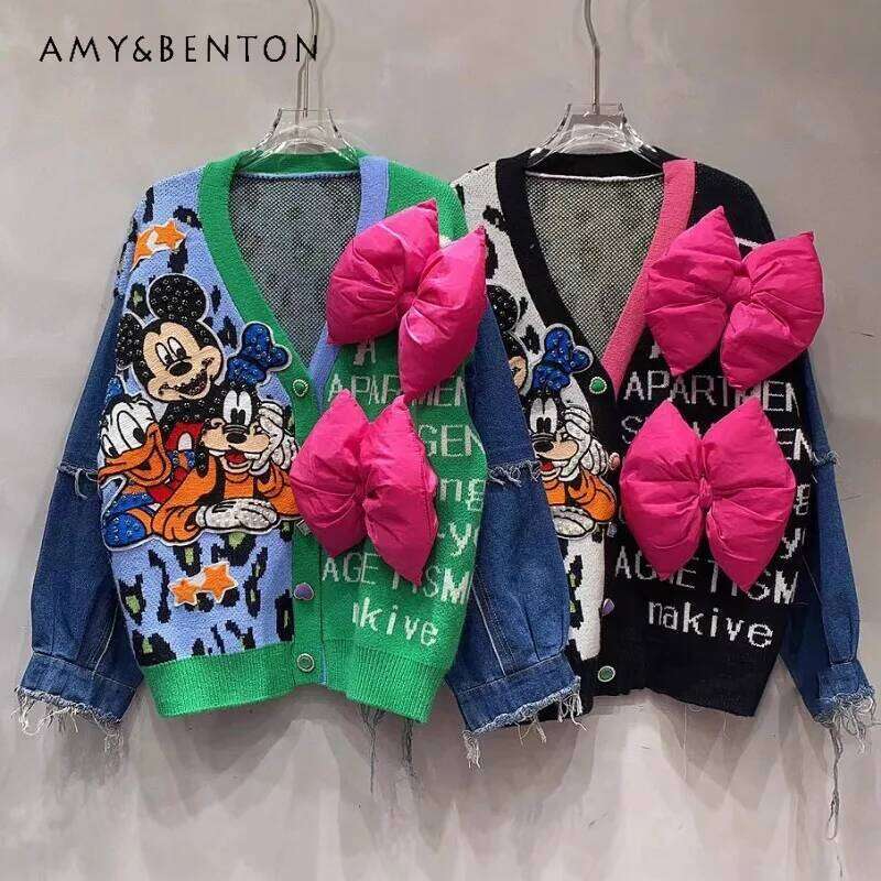 Unique Design Denim Splicing Knitted Cardigan Women's Autumn Winter Loose Contrasting Color Leopard Print V-Neck Sweater Jacket
