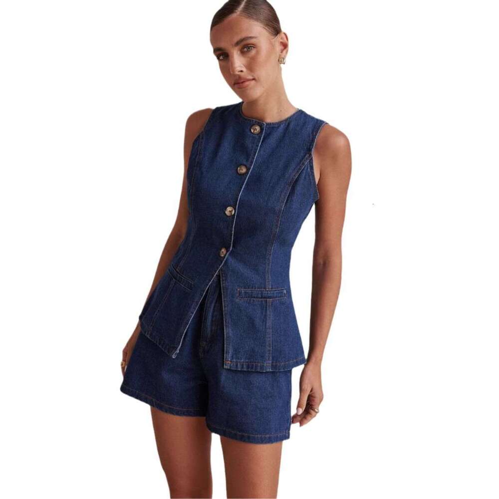 2025 Spring/Summer New Fashion Sleeveless Waist-Cinching High-Waist Loose Denim Shorts Set