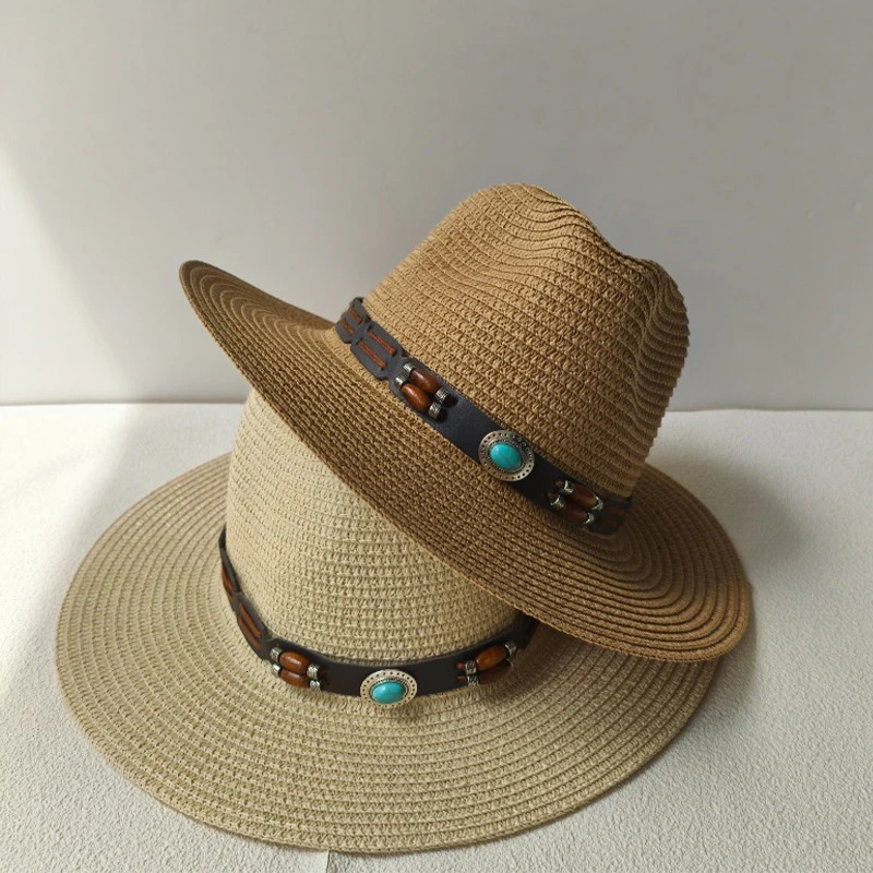 Summer Womens Mens Ethnic Style Western Cowboy Straw Hat Punk Style Handmade Hollow Sun Hat Rolled Edge Sunscreen Beach Cap 250526