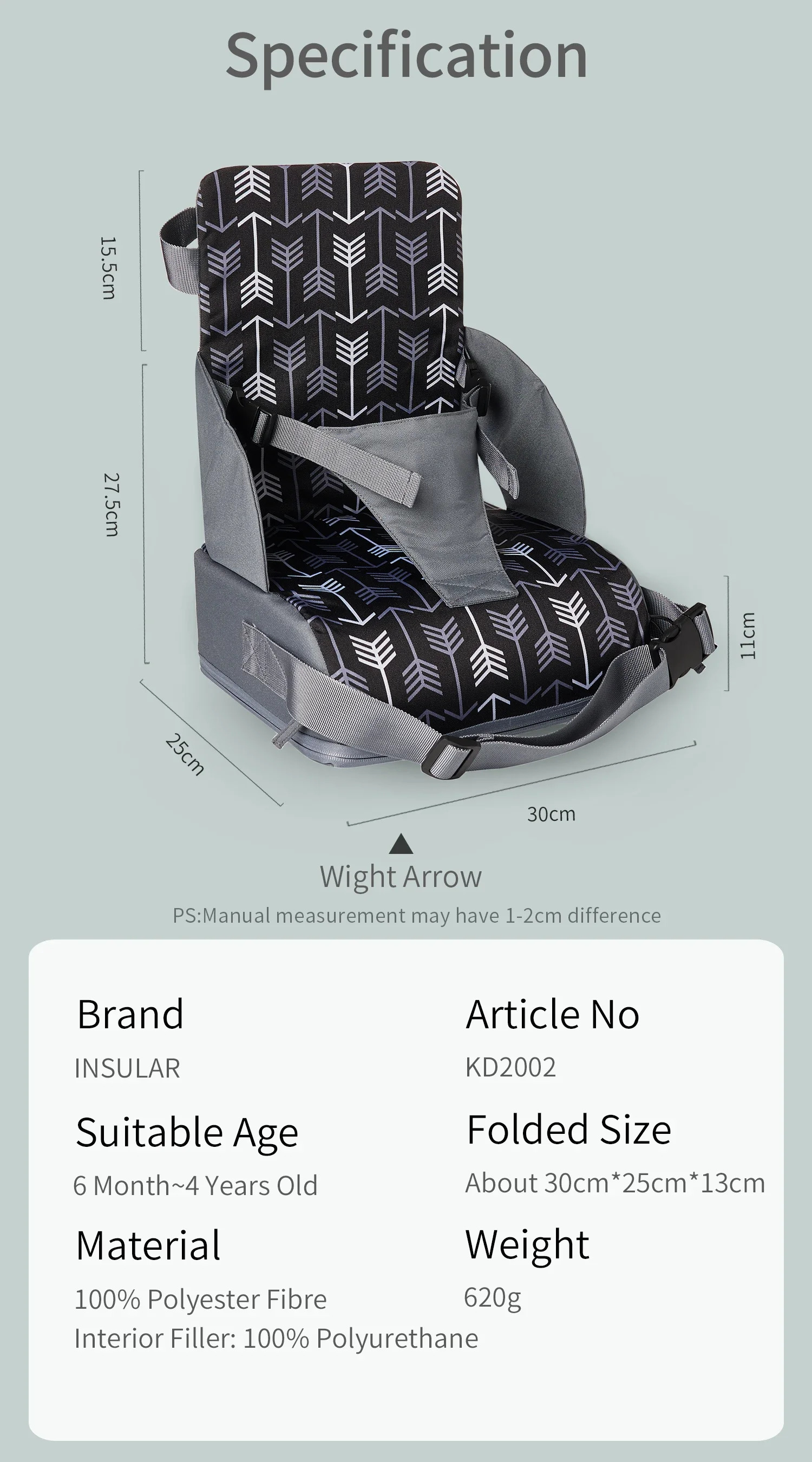 INSULAR Portable Foldable Anti slip Childrens Seat High Cushion Baby Dining Chair Travel Supplies 250527