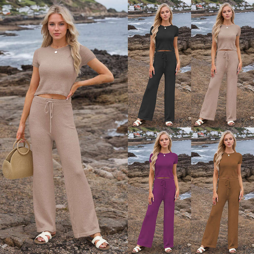 2025 New Spring Summer Temu Women's Casual Fashion Knitted Solid Color Set