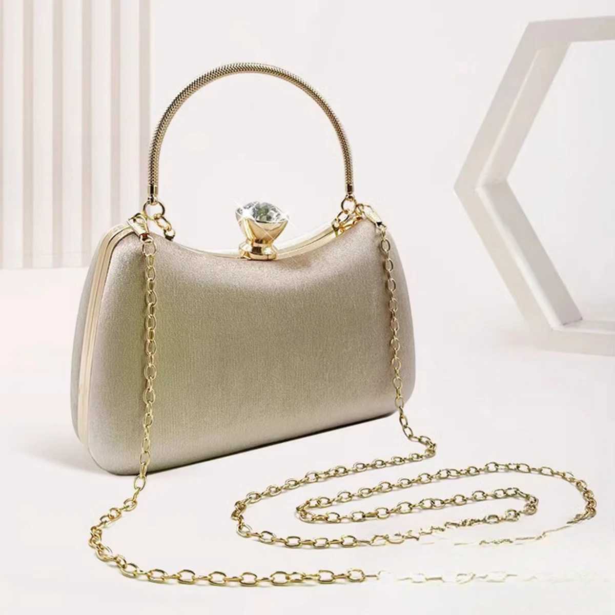 Womens Golden Glitter Clutch Purse Velvet Evening Bag for Bridal Wedding Party with Rhinestone Ring W250527