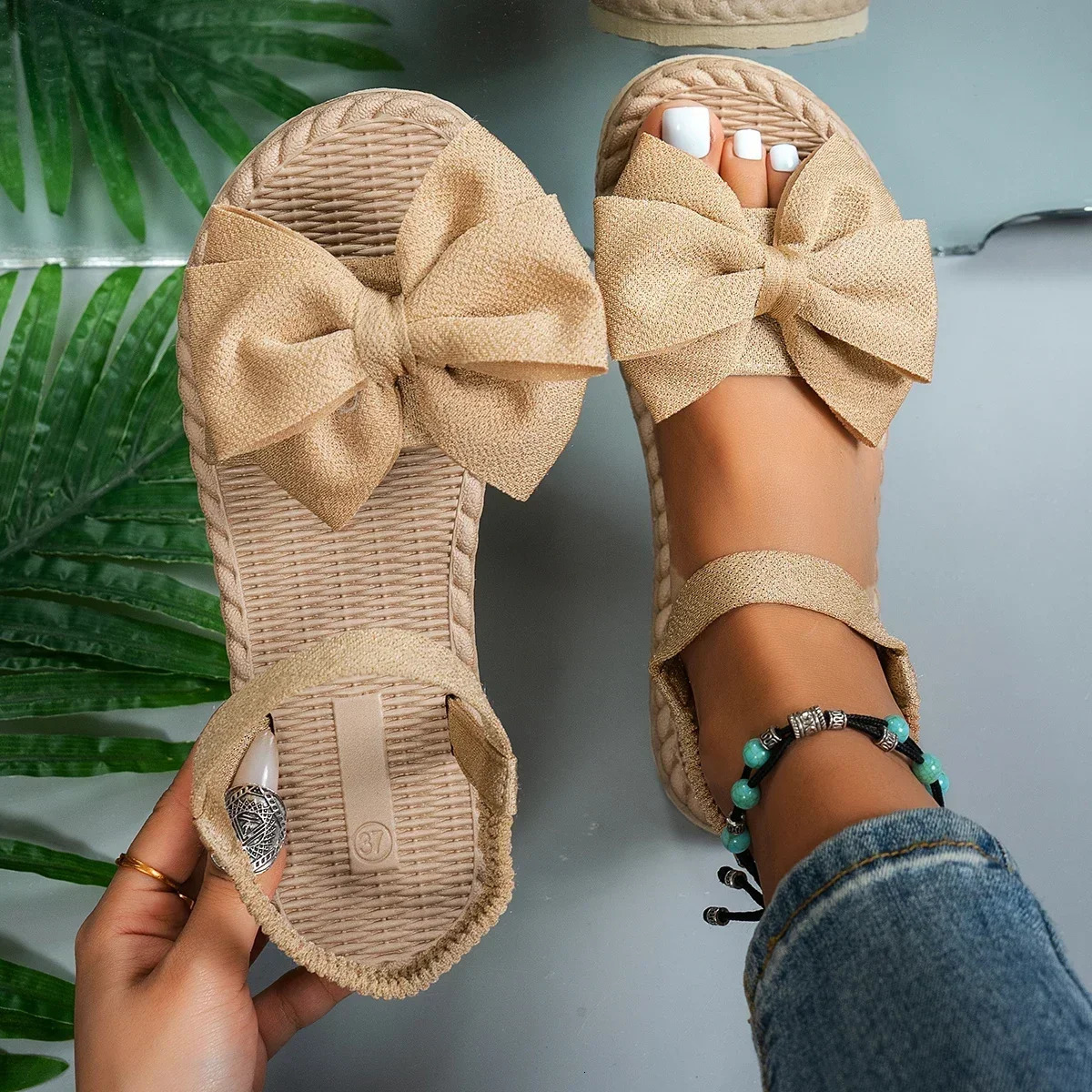 Women Anti-slip Trend Sandals 2025 Summer Lightweight Sandals Fashion Beach Casual Slippers Outdoor Bow Tie Flat Shoes Home 250519