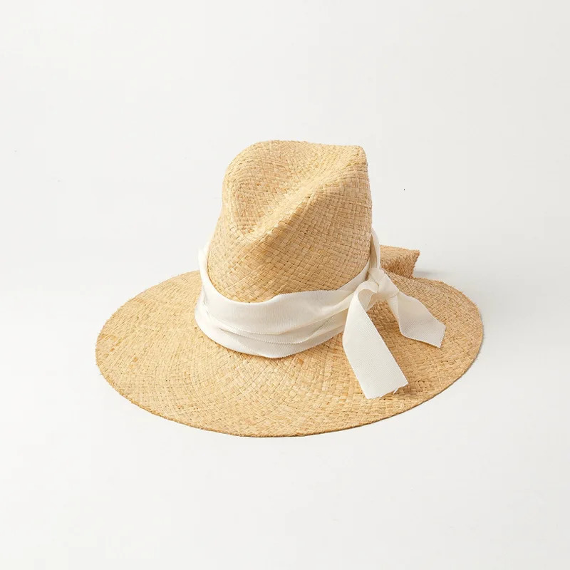 USPOP Spring Summer Wide Ribbon Bow Sun Hats Double-layer Hand-woven Raffia Jazz Hat Outdoor Sunshade Raffia Beach Straw Hat 250526