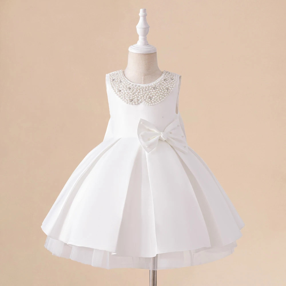 Toddler White Wedding Satin Princess Baby Girl Dress Big Bow 1 Year Birthday Baptism Party for Bridemaid Kids Clothin 250527