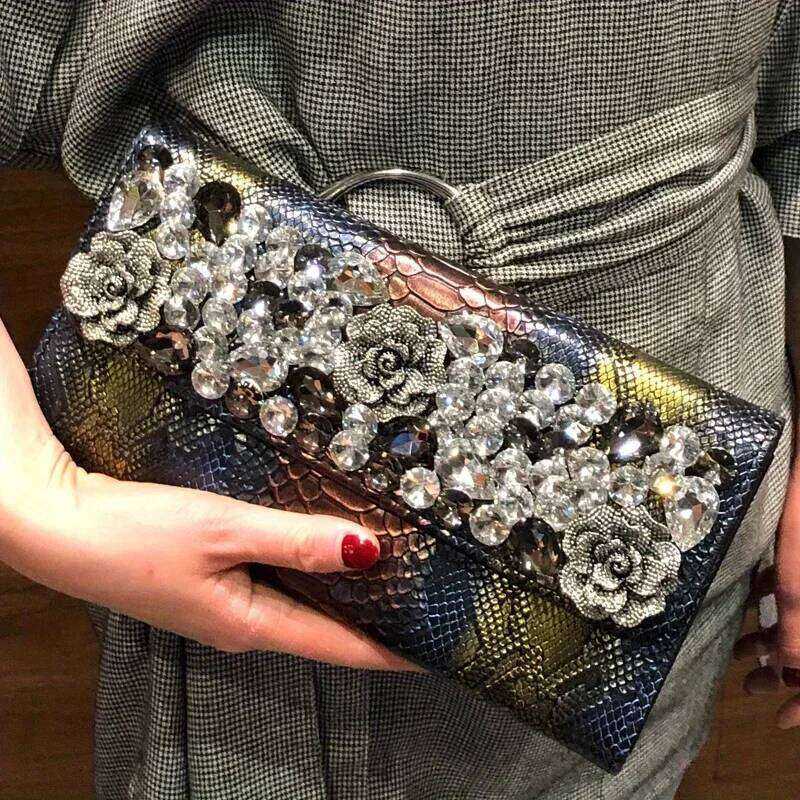 Women's Fashion Retro Crocodile Pattern Small Handbag Banquet Envelope Floral Hot Dia Shoulder Crossbody Clutch Bag