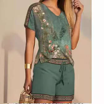 2025 Summer Women's Casual Fashion Printed Comfortable V-neck Top + Shorts Two-piece Set