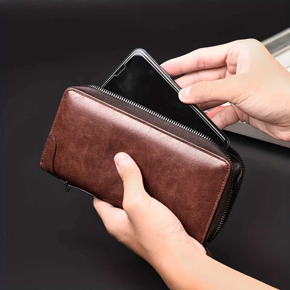 Classy Long Secure Zipper Mens RFID Blocking PU Leather Wallet - Solid Black Color Perfect for Business and as Card Holder Z250527
