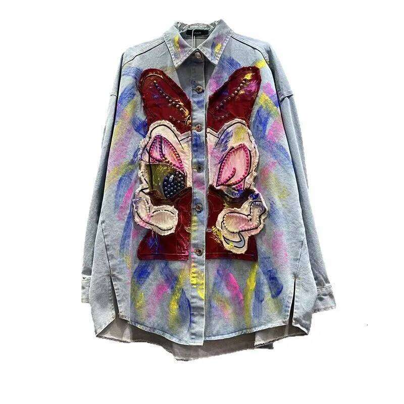 Trendy Jacket 2025 Spring And Autumn New Cartoon Sticker Hand-Painted Design Loose Women's Clothing Denim Shirt
