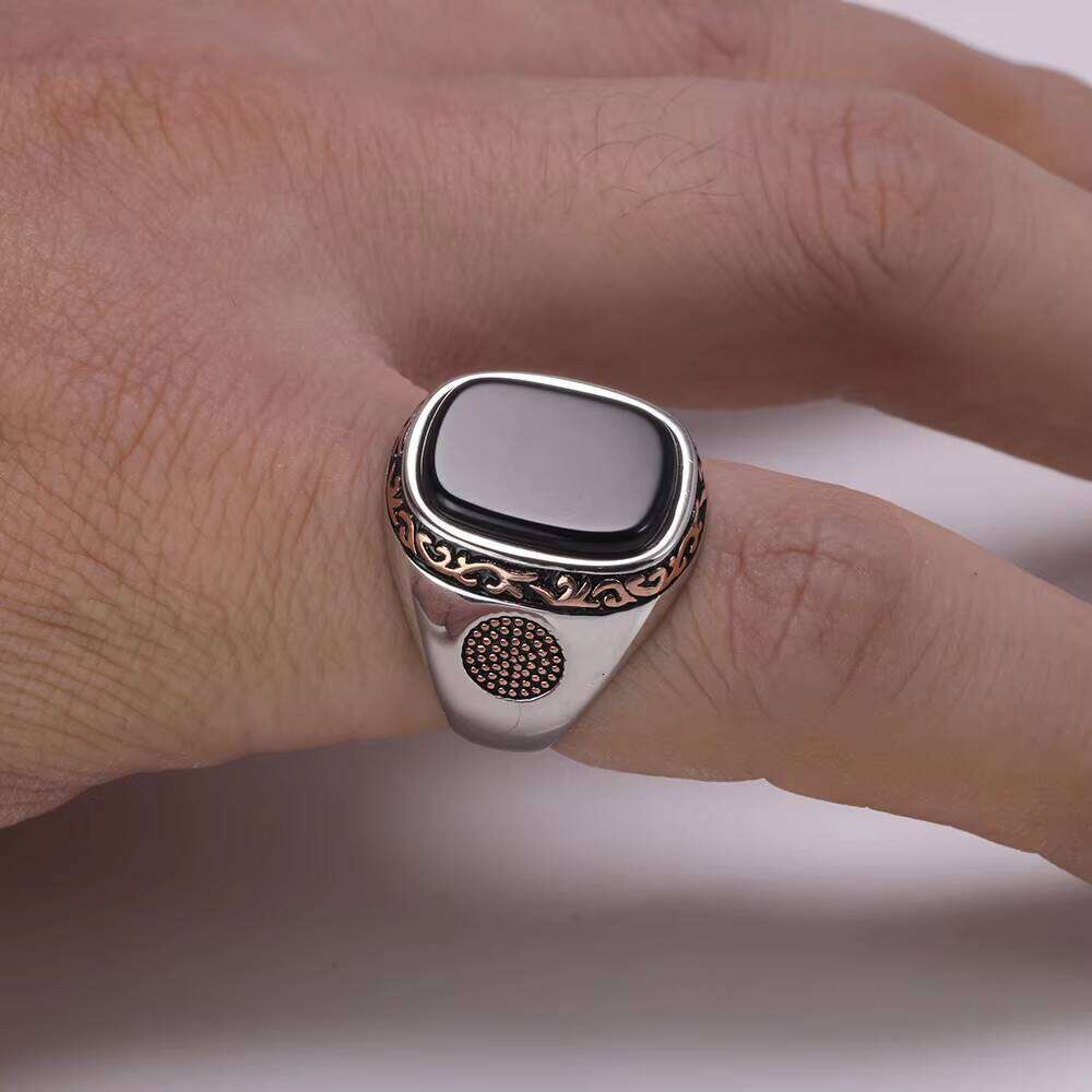 Real Pure Sterling Sier Jewelry Mens Retro Vintage Turkey Ring for Men With Natural Black Agate Stones