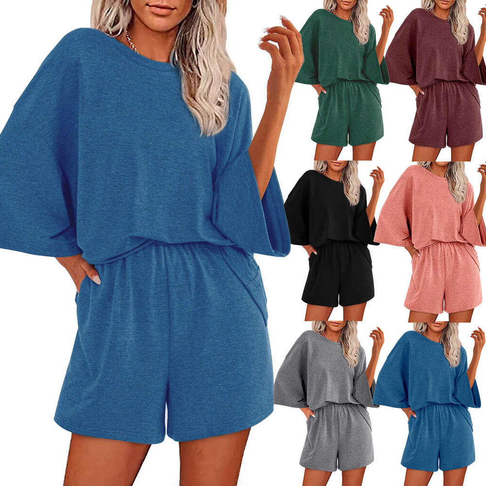 2025 Casual Women's Summer Solid Color Round Neck Short Sleeve Top Elastic Shorts Two-Piece Set for Women