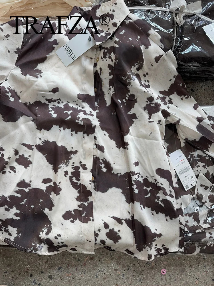 TRAFZA Spring Women Fashion Skirts Suit Brown Printed Casual ShirtHigh Waist Drawstring Belt Satin Midi Skirt Matching Set 250526