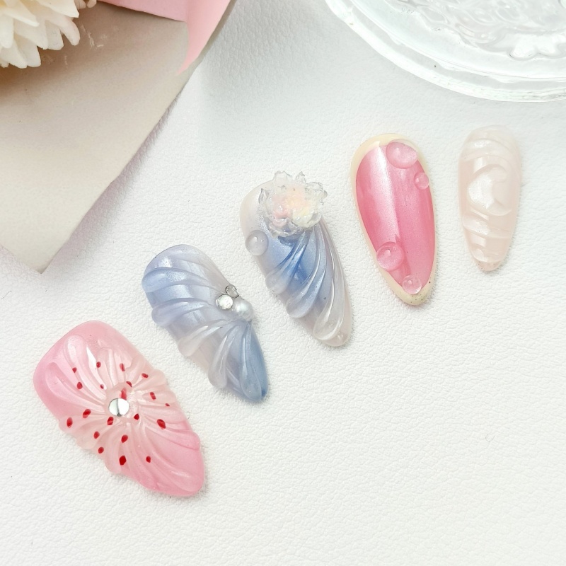 10pcs Sweet Flowers Handmade Press-on nails Medium Almond Nails Bundle Handraw 3D Flowers Poul Diamond Finished nail stickers Free storage box jelly g