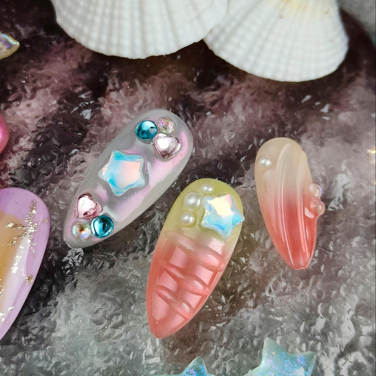 10pcs Handmade Press-on nails Medium Almond Nails Bundle Handraw 3D Ocean Collection Colorful Diamond Finished nail stickers Free storage box jelly gl