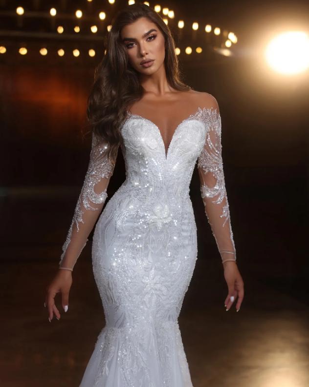 Customized Mermaid Wedding Dresses Sheer Long Sleeve Lace Appliqued Crystal Sequined Gorgeous Bridal Gowns Sweep Train robes de mariee