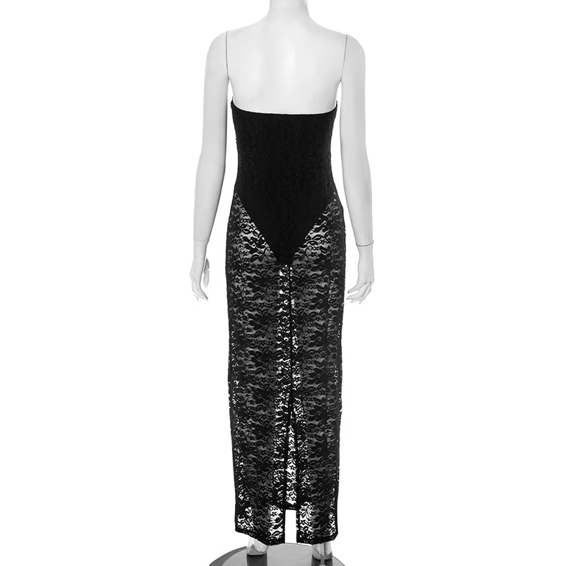 Women Bodysuits Lining Lace Long Dress 2025 New Sexy Strapless Backless Bodycon Party Clubwear Robe Summer Vacation Outfits