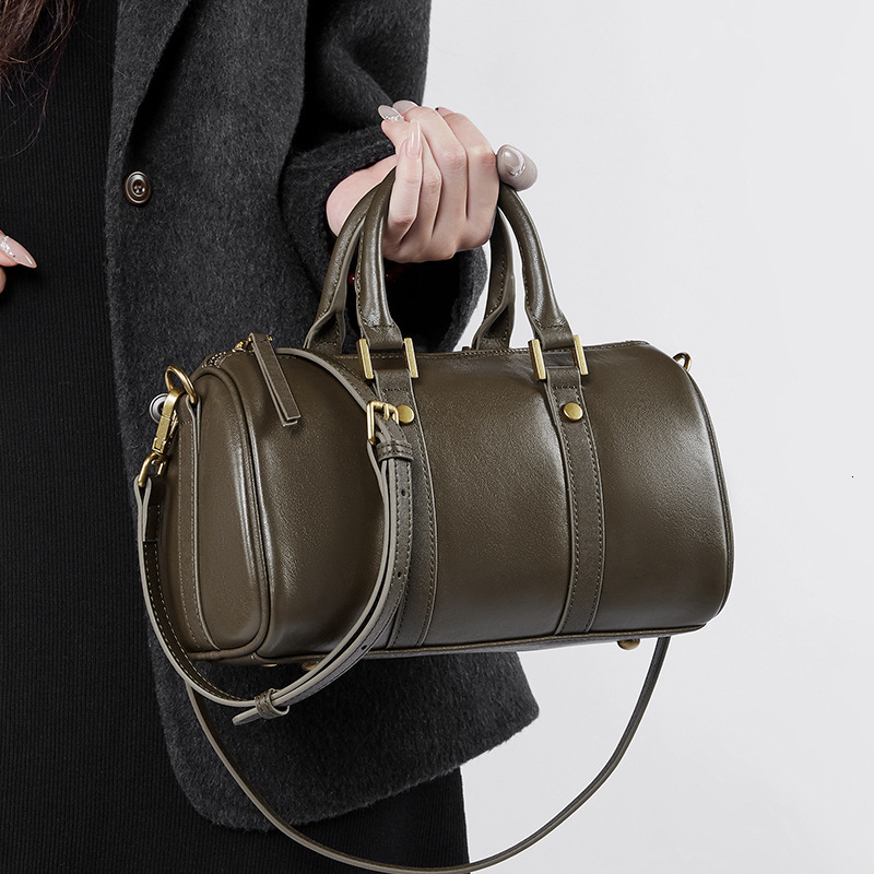Real Leather Maillard Women's Handbag Light Luxury Western Style Boston Designer Bag Plant Tanned Cowhide Single Shoulder Crossbody Bag