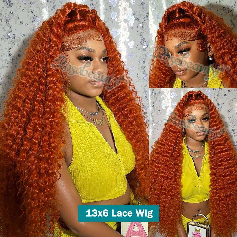 Rosabeauty 250 Density Orange Ginger 13X4 Front Curly Human Hair 30 Inch Deep Wave 13X6 Hd Lace Frontal Wigs