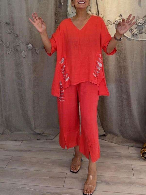2025 Summer_Women's Casual Cotton Linen V-neck Top with Distressed Sequins Irregular Set