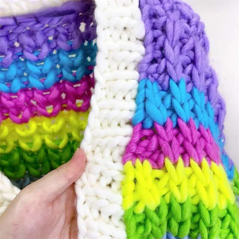 Vintage Women Knit Ribbed Long Sleeve Single Breasted Oversized Cardigan Sweaters Rainbow Tops 2024 Ins Street Outwear