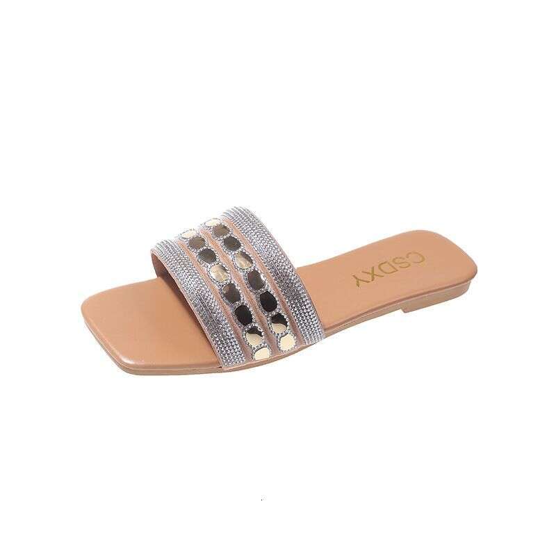 Comfortable Flat Bottomed Sandals For Women One Line Women's Sandals 2025 New Summer Designer Sandals Plus Size Fashionable Rhinestone Slippers F