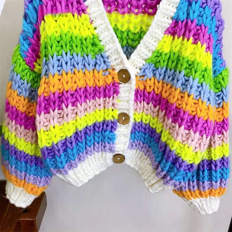 Vintage Women Knit Ribbed Long Sleeve Single Breasted Oversized Cardigan Sweaters Rainbow Tops 2024 Ins Street Outwear