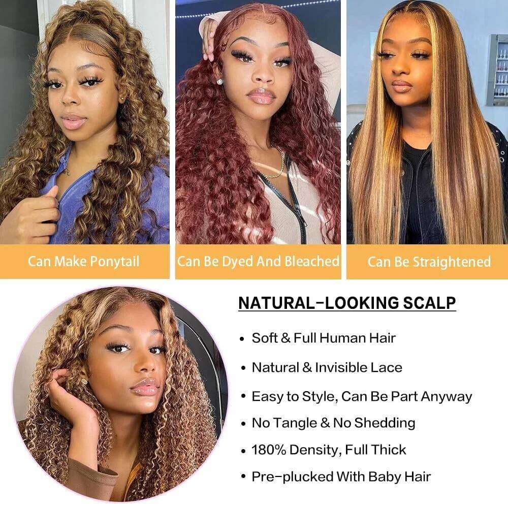 250% 4/27 Highlight 13x6 Deep Wave Lace Wigs 13x4 Ombre Curly Straight HD Front Wig Human Hair Pre Plucked