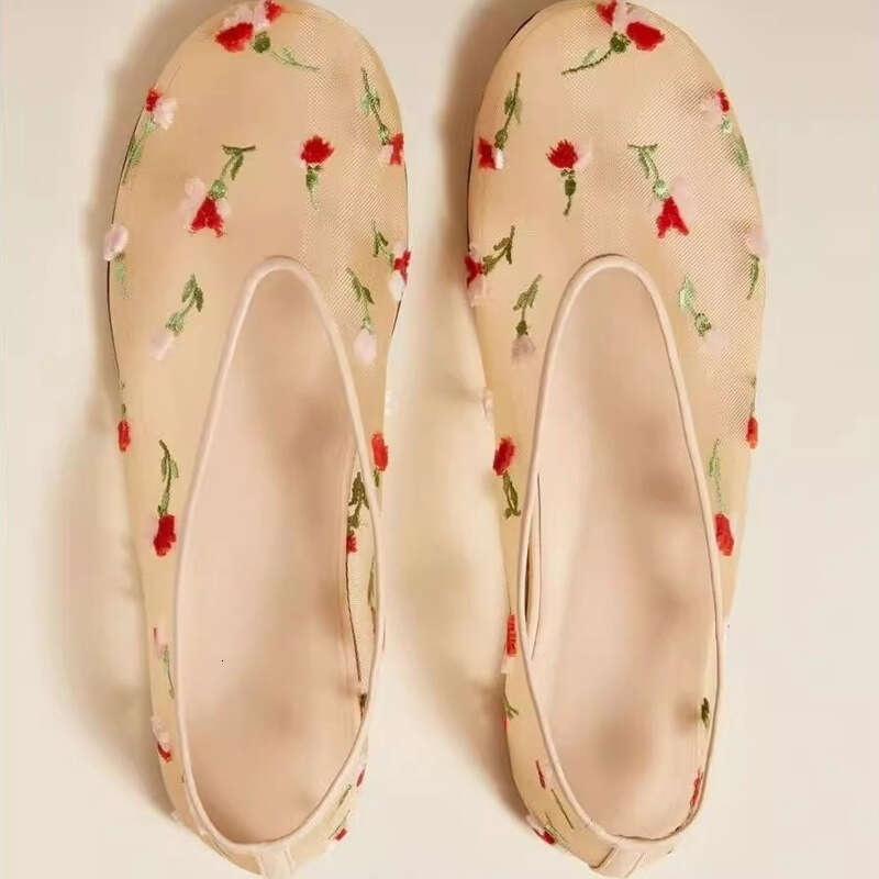 2025 Summer New Mesh Embroidered Round Toe Shallow Mouth Flat Women Ballet Rhinestone Single Shoes