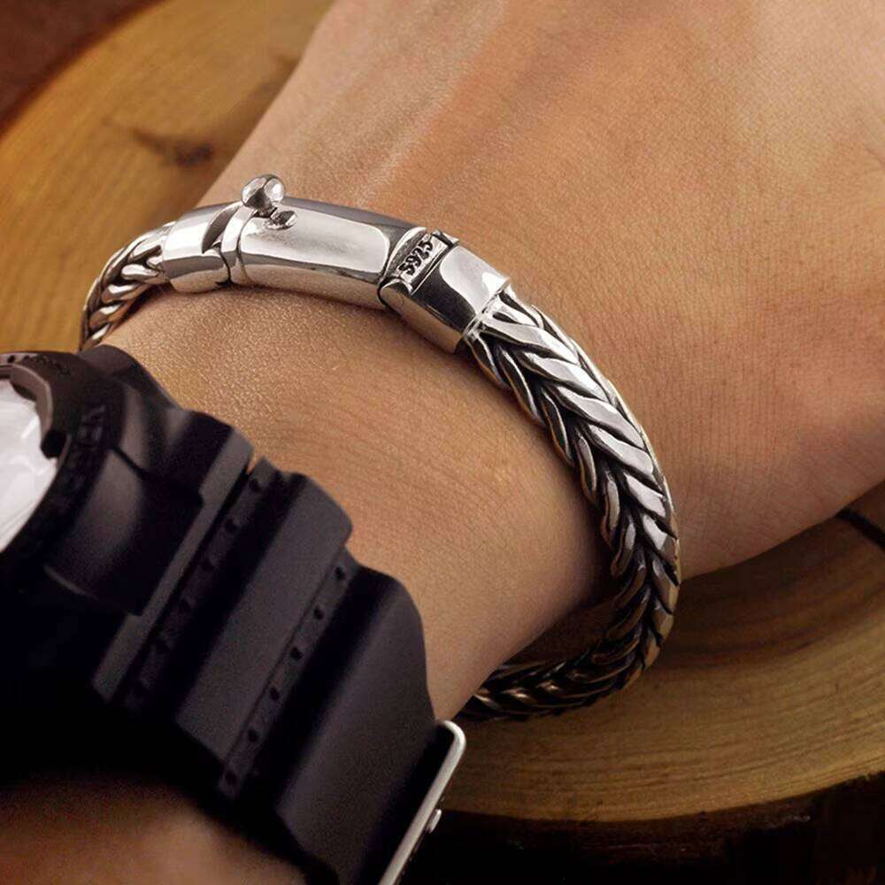 S Sterling Sier for Men Braided Weave Chain Bracelet with Toggle Clasp